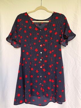 Summer V-Neck Navy Mini Dress with Red Floral Print
